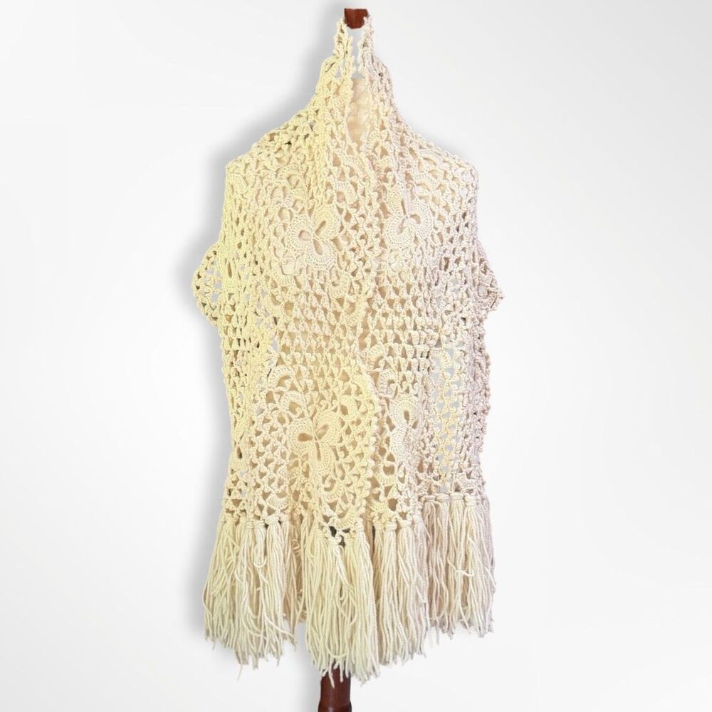 Vintage Handmade Cream Crochet Fringe Scarf Shawl, Boho Whimsical Cottagecore